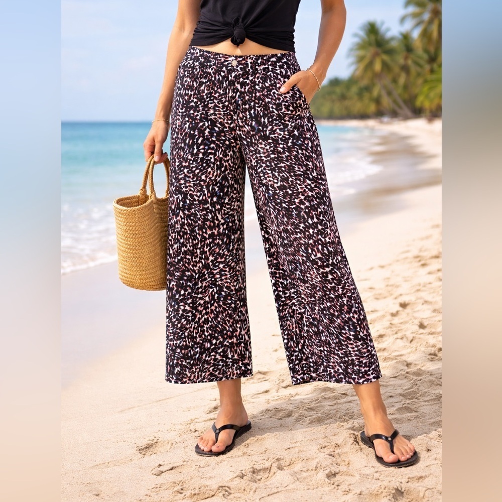 Sanctuary Swim NWT Leopard Print Wide Leg Beach Pants M, Side Slits